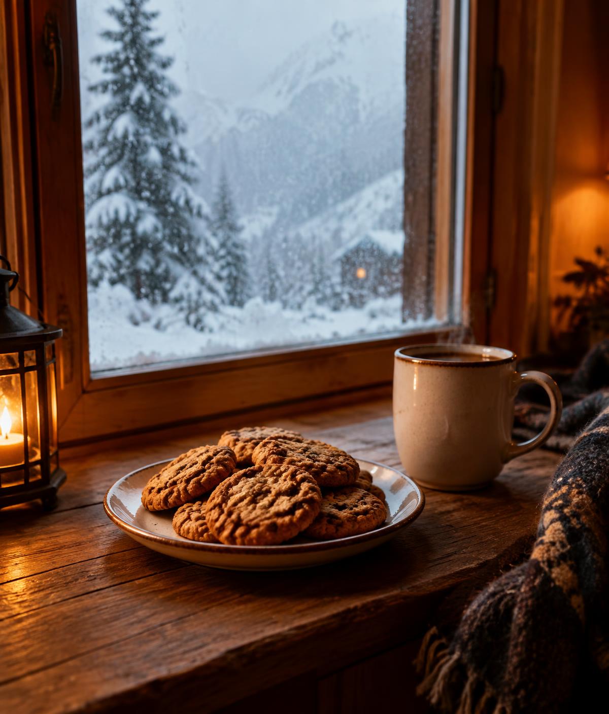 Cookies on a windowsill during a snowstorm